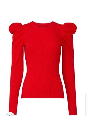 7 For All Mankind Red Ribbed Puff-Shoulder Long Sleeve Top
